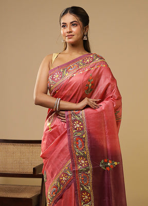 Purple Handloom Tussar Pure Silk Saree With Blouse Piece