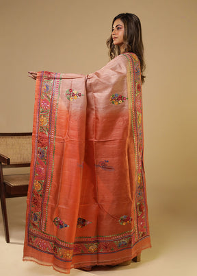 Rust Handloom Tussar Pure Silk Saree With Blouse Piece