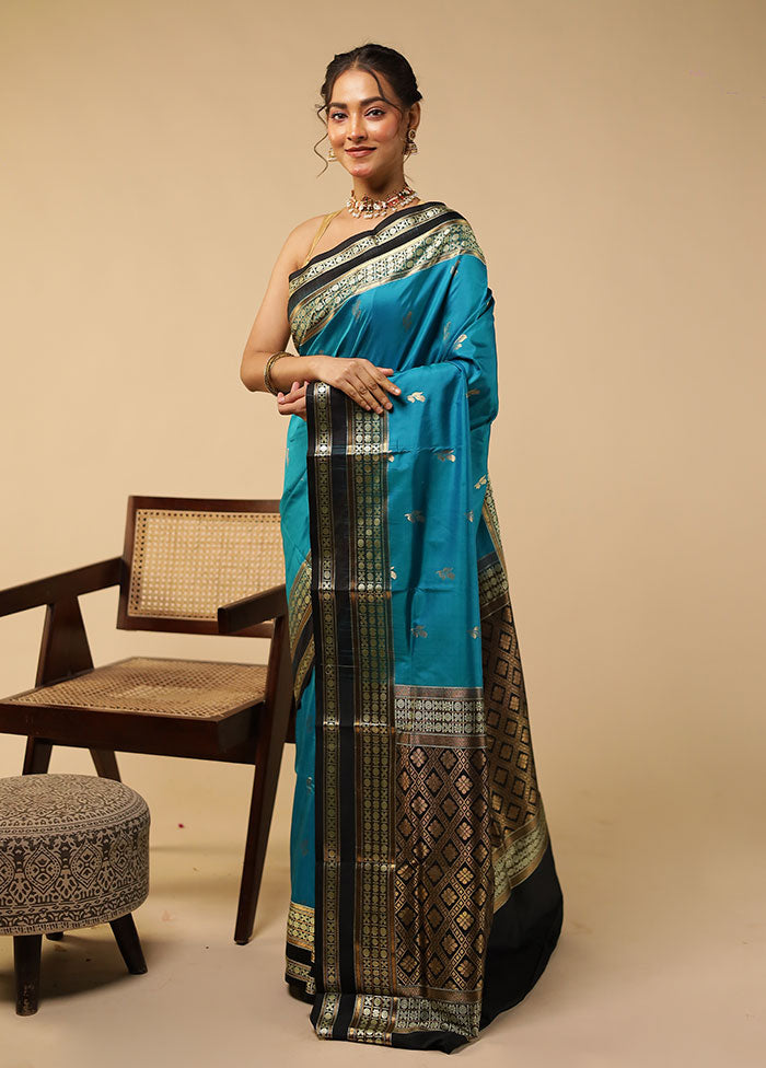 Blue Handloom Bomkai Pure Silk Saree With Blouse Piece