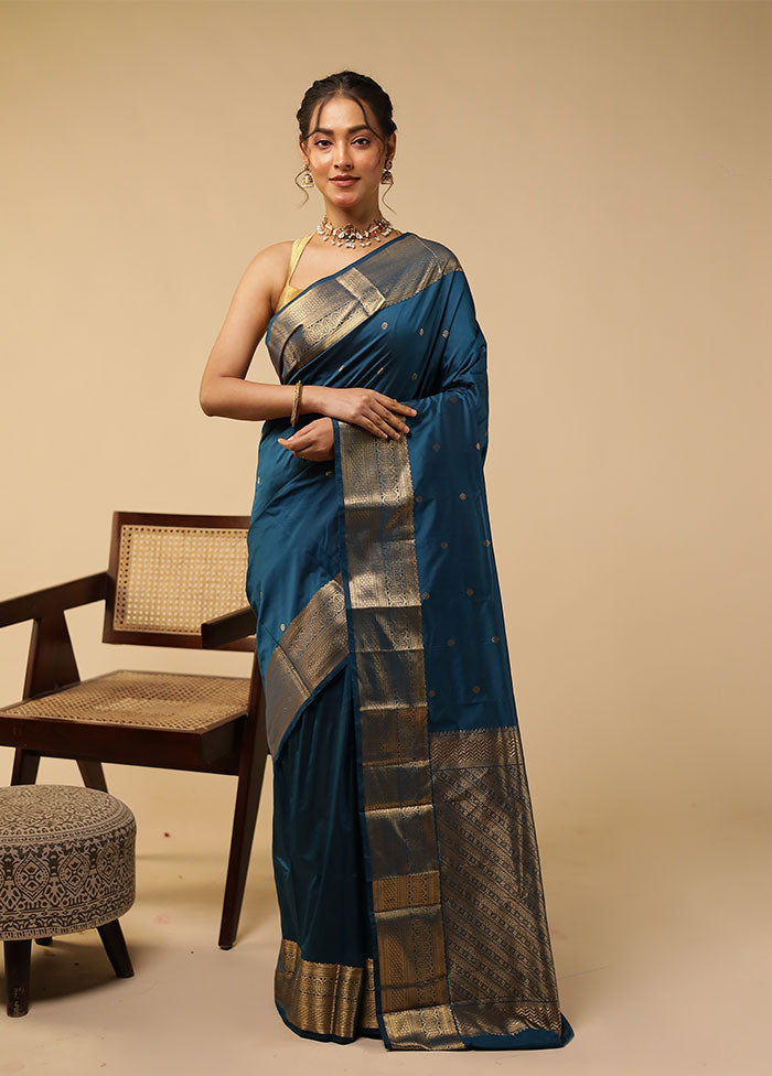 Blue Kanjivaram Silk Saree With Blouse Piece
