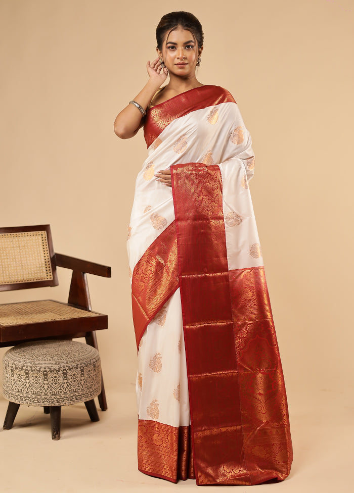 White Kanjivaram Silk Saree With Blouse Piece