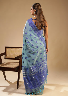 Blue Assam Silk Saree With Blouse Piece