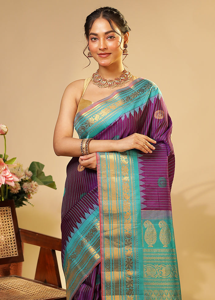 Blue Gadwal Pure Silk Saree Without Blouse Piece