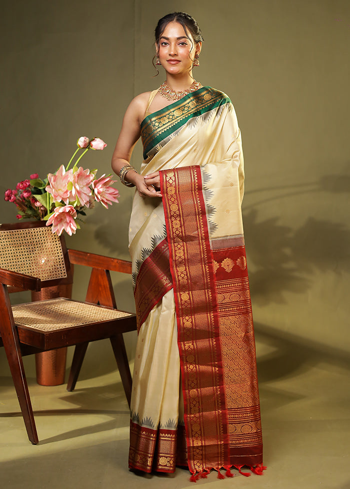 Cream Gadwal Pure Silk Saree Without Blouse Piece