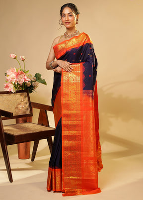 Blue Gadwal Pure Silk Saree Without Blouse Piece