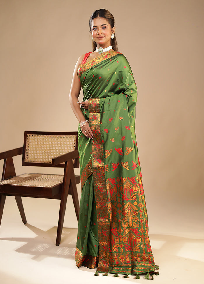Green Assam Silk Saree With Blouse Piece