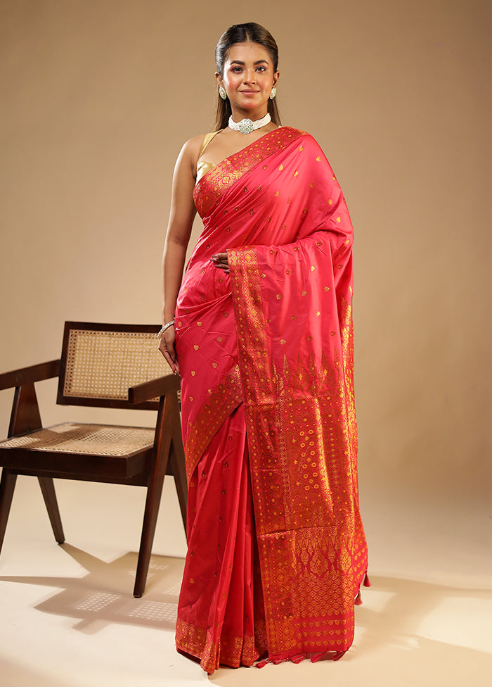 Pink Assam Silk Saree With Blouse Piece