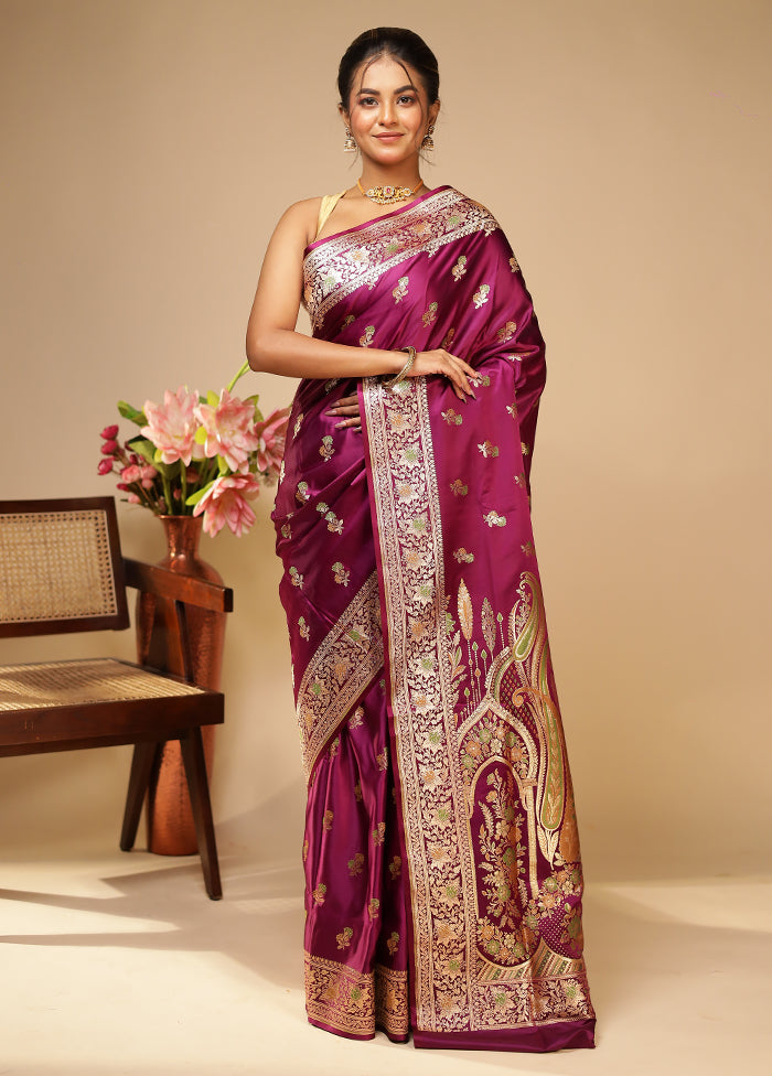 Purple Handloom Banarasi Pure Silk Saree With Blouse Piece