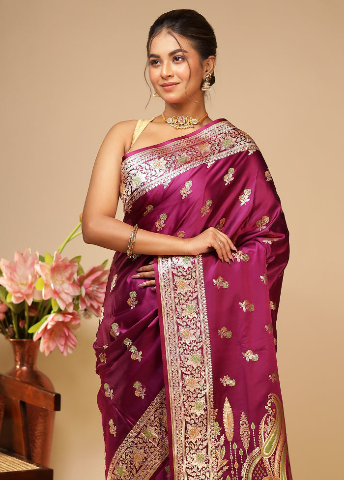Purple Handloom Banarasi Pure Silk Saree With Blouse Piece