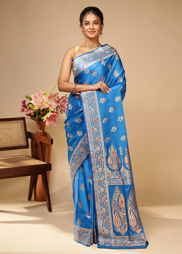 Blue Handloom Banarasi Pure Silk Saree With Blouse Piece