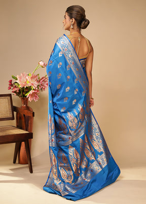 Blue Handloom Banarasi Pure Silk Saree With Blouse Piece