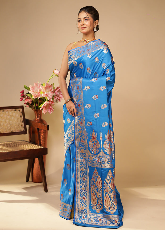 Blue Handloom Banarasi Pure Silk Saree With Blouse Piece