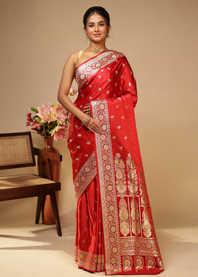 Red Handloom Banarasi Pure Silk Saree With Blouse Piece
