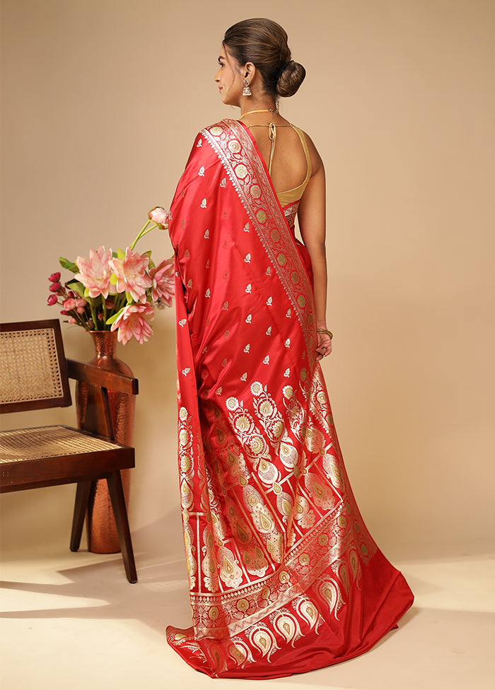 Red Handloom Banarasi Pure Silk Saree With Blouse Piece