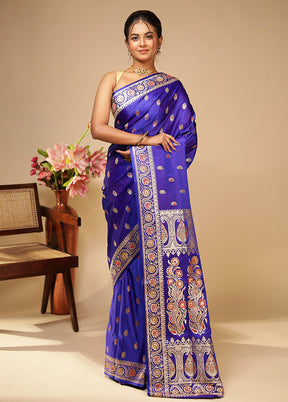 Blue Handloom Banarasi Pure Silk Saree With Blouse Piece