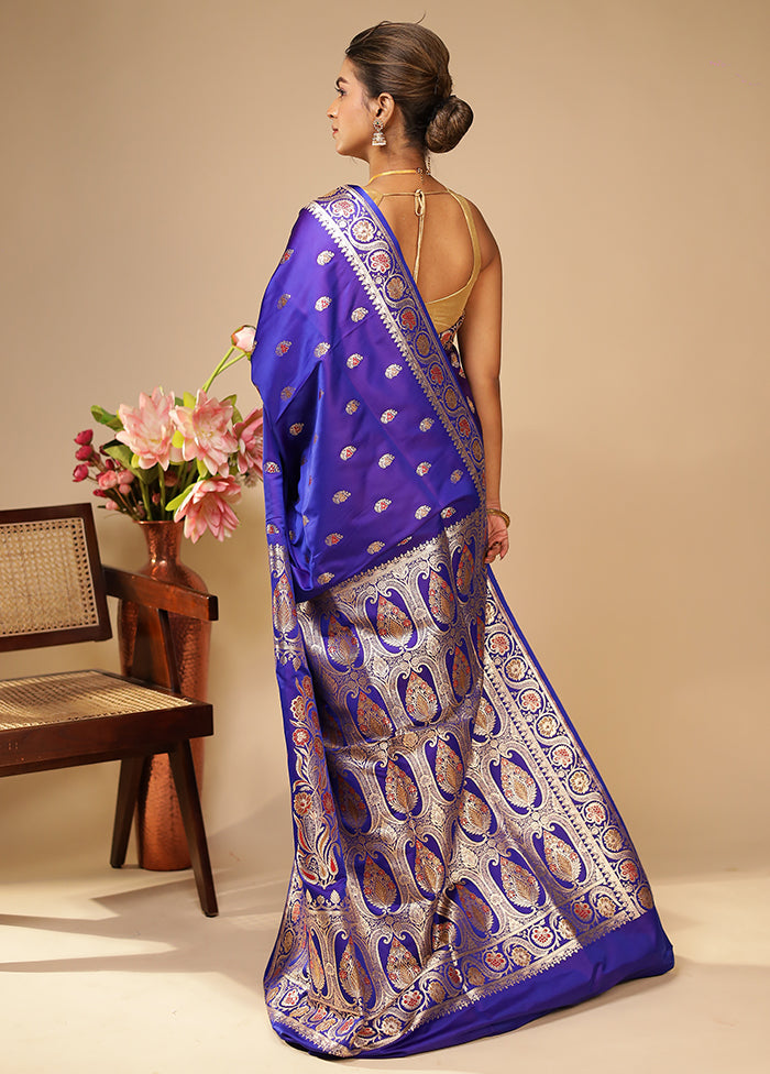 Blue Handloom Banarasi Pure Silk Saree With Blouse Piece