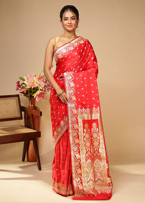 Red Handloom Banarasi Pure Silk Saree With Blouse Piece