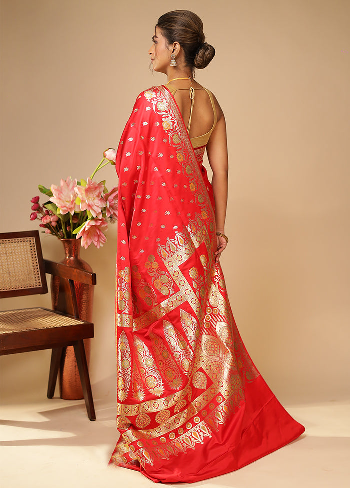 Red Handloom Banarasi Pure Silk Saree With Blouse Piece
