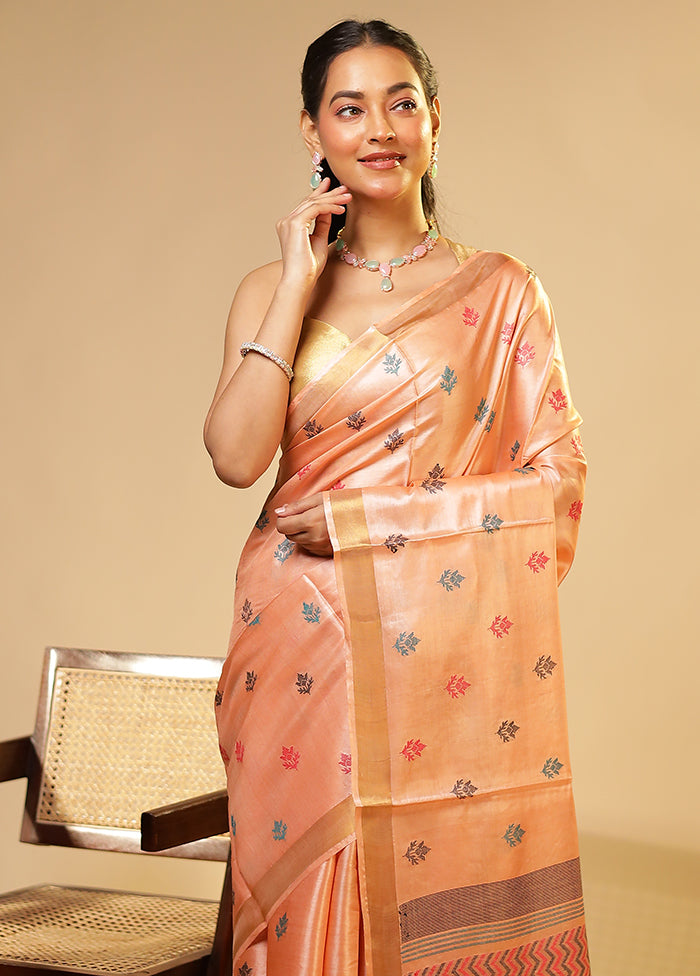 Peach Handloom Tussar Pure Silk Saree With Blouse Piece