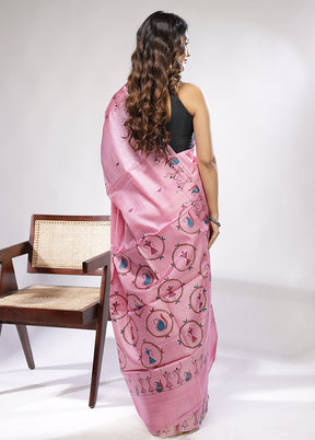 Pink Handloom Tussar Pure Silk Saree With Blouse Piece