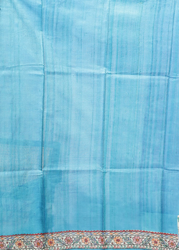 Blue Handloom Tussar Pure Silk Saree With Blouse Piece