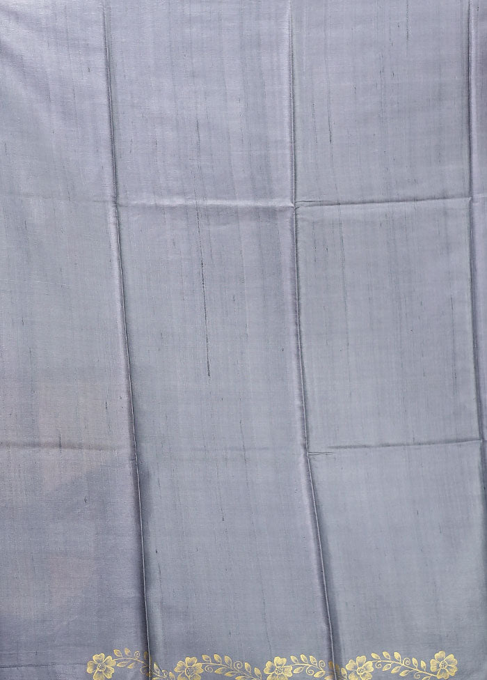 Grey Handloom Tussar Pure Silk Saree With Blouse Piece
