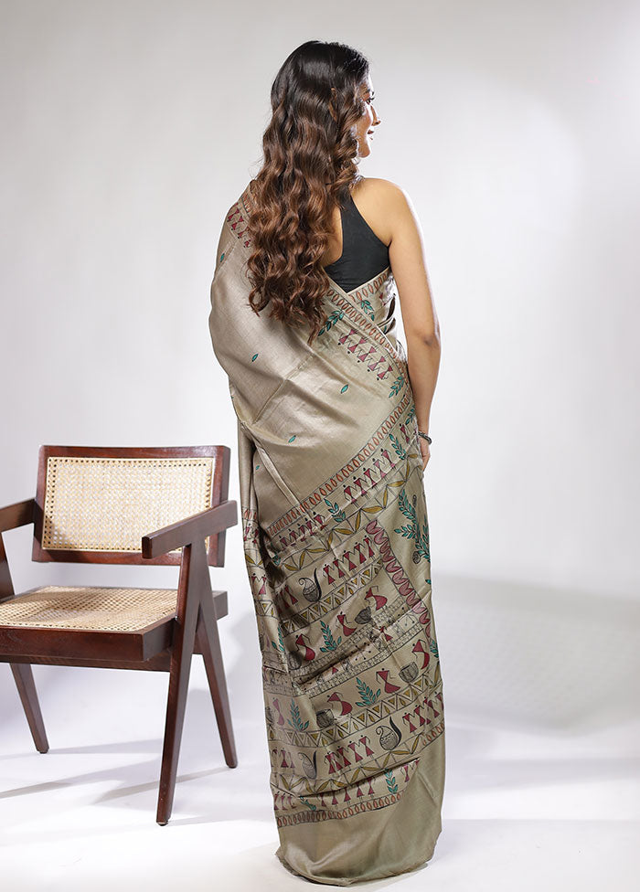 Cream Handloom Tussar Pure Silk Saree With Blouse Piece