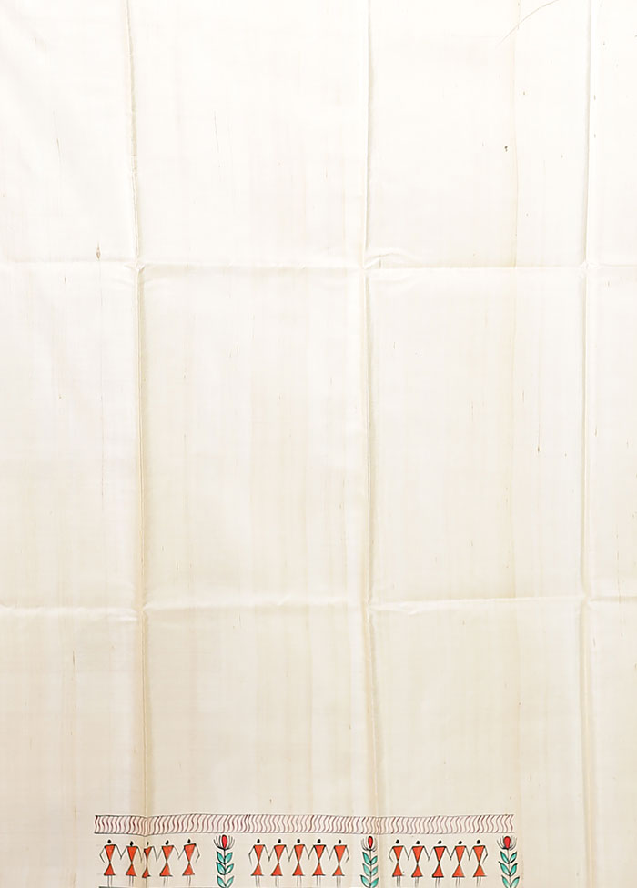 Cream Handloom Tussar Pure Silk Saree With Blouse Piece