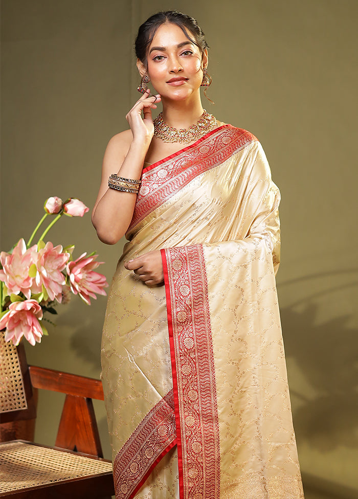 Cream Banarasi Silk Saree With Blouse Piece