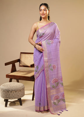 Purple Linen Silk Saree With Blouse Piece