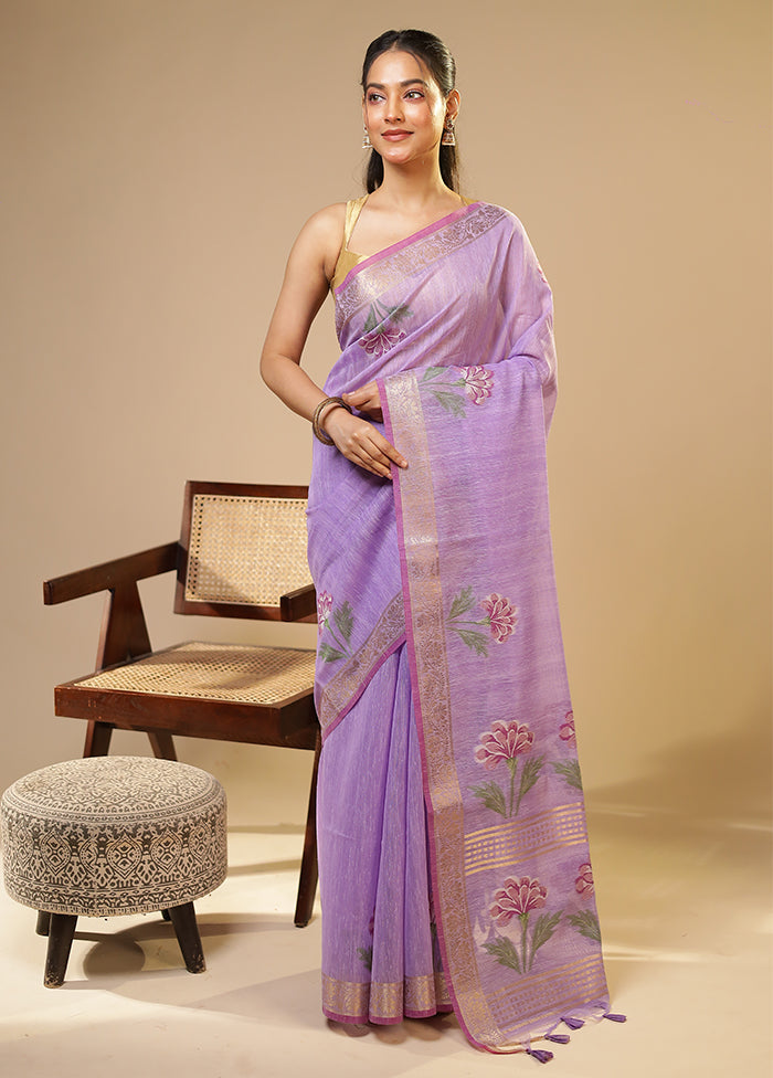 Purple Linen Silk Saree With Blouse Piece