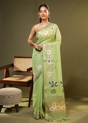 Green Linen Silk Saree With Blouse Piece