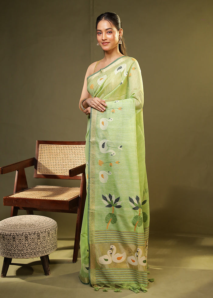 Green Linen Silk Saree With Blouse Piece