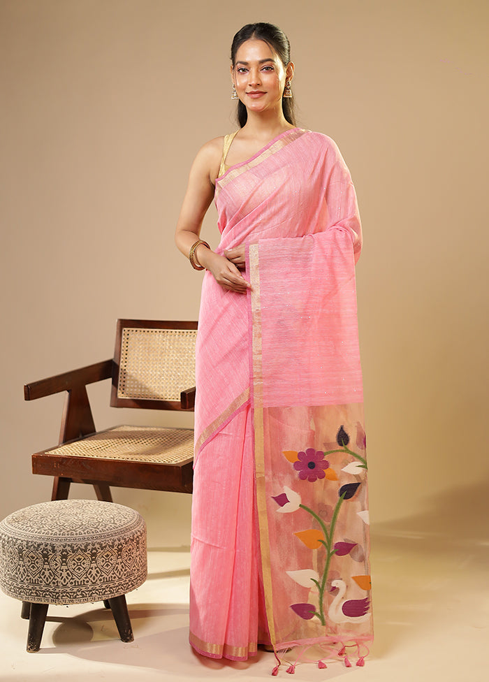 Pink Linen Silk Saree With Blouse Piece