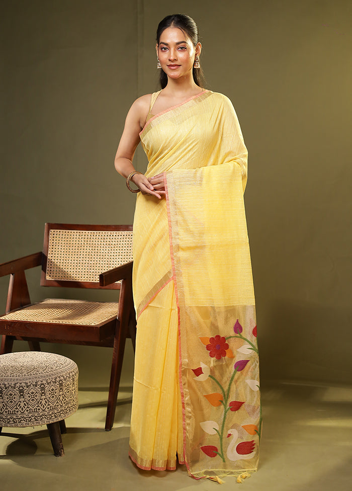 Yellow Linen Silk Saree With Blouse Piece