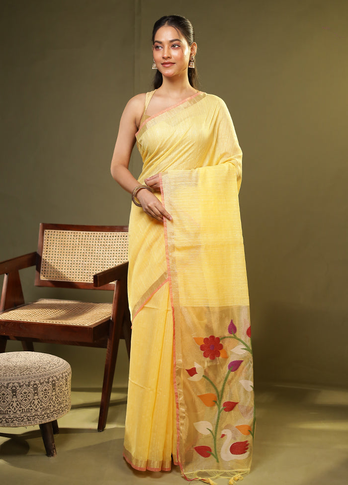 Yellow Linen Silk Saree With Blouse Piece