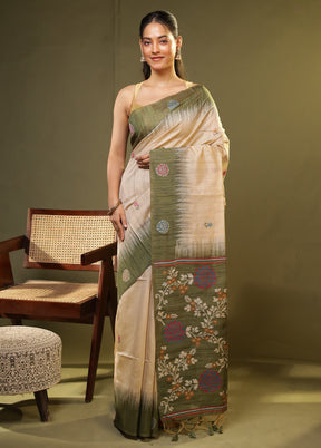 Cream Linen Silk Saree With Blouse Piece