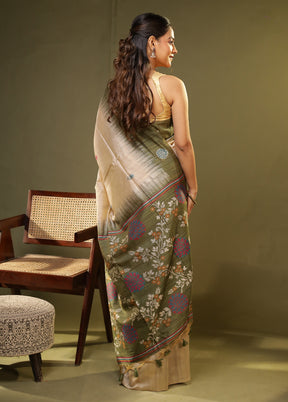 Cream Linen Silk Saree With Blouse Piece