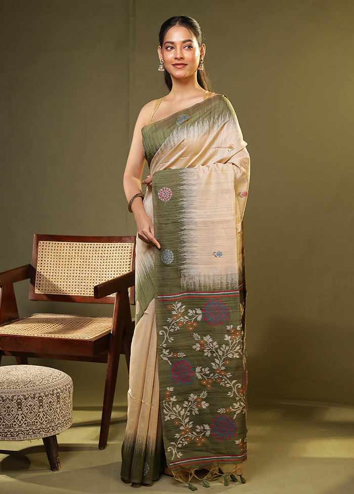 Cream Linen Silk Saree With Blouse Piece
