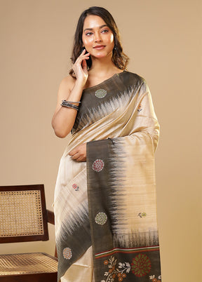 Cream Linen Silk Saree With Blouse Piece