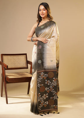 Cream Linen Silk Saree With Blouse Piece