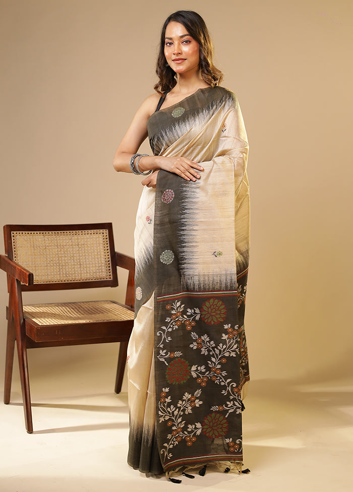 Cream Linen Silk Saree With Blouse Piece