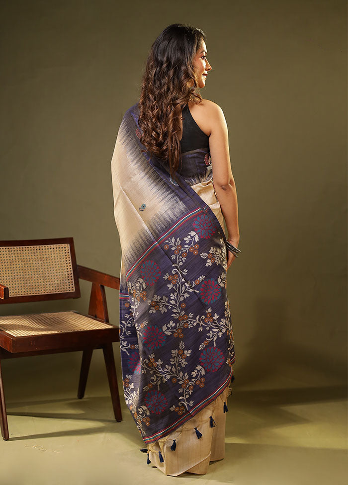 Cream Linen Silk Saree With Blouse Piece