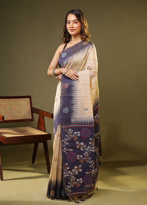 Cream Linen Silk Saree With Blouse Piece