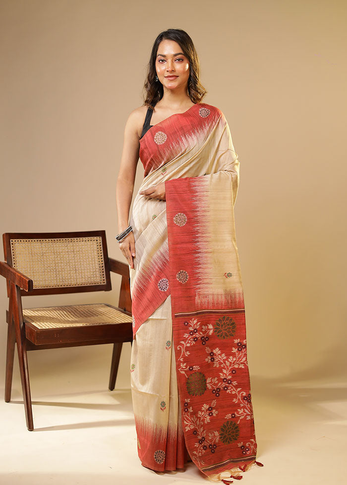 Cream Linen Silk Saree With Blouse Piece