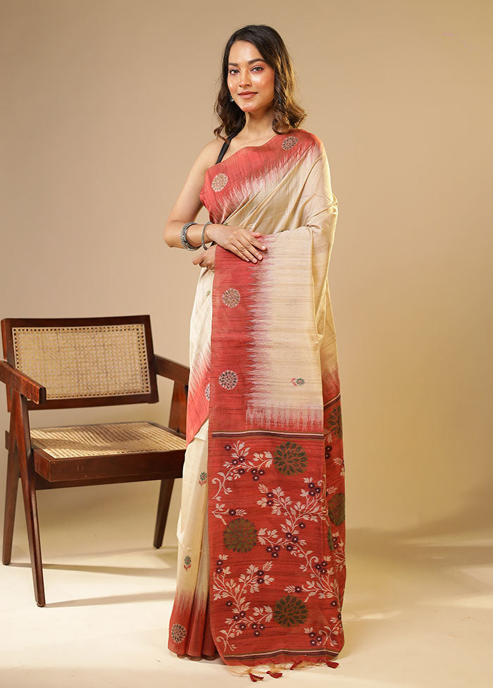 Cream Linen Silk Saree With Blouse Piece