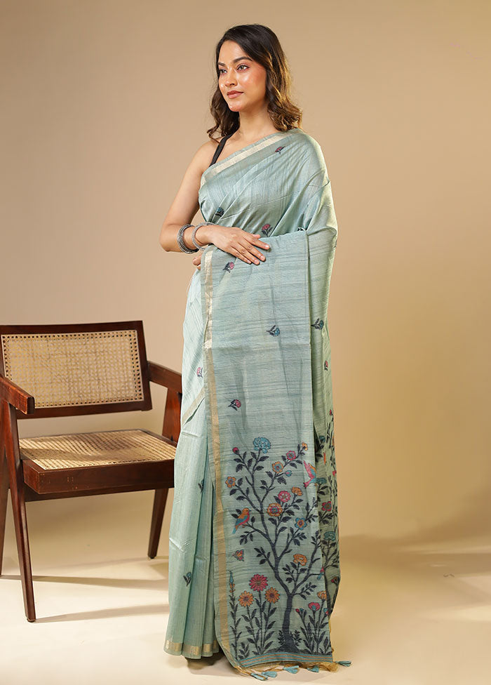 Blue Linen Silk Saree With Blouse Piece