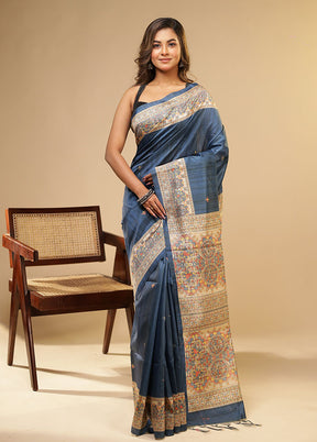 Blue Tussar Silk Saree With Blouse Piece