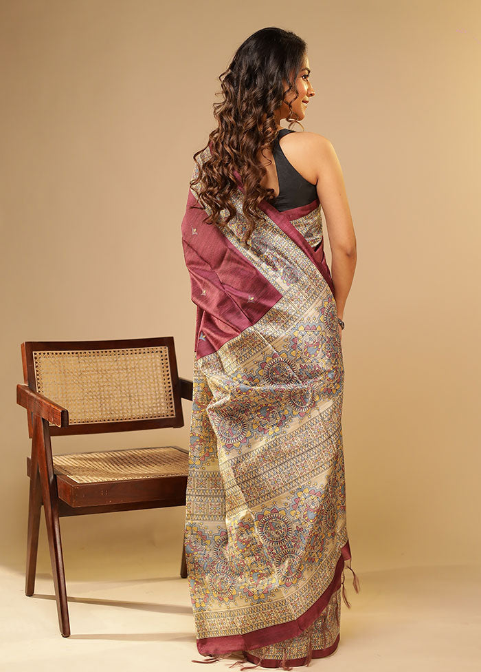 Purple Tussar Silk Saree With Blouse Piece