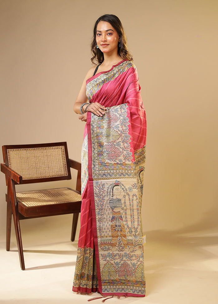 Pink Tussar Silk Saree With Blouse Piece